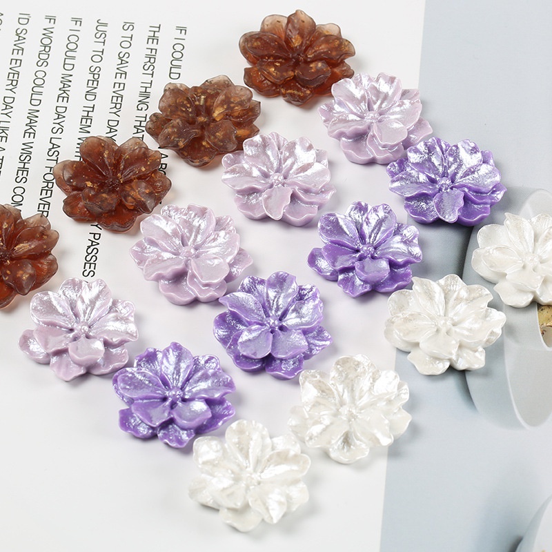 Set 10 phụ kiện hoa năm cánh hai lớp bằng resin đính ngọc trai mặt sau phẳng trang trí ốp điện thoại diy