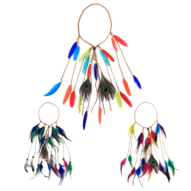 Băng Đô Bện Tóc Phối Lông Vũ Tua Rua Phong Cách Ấn Độ Bohemian