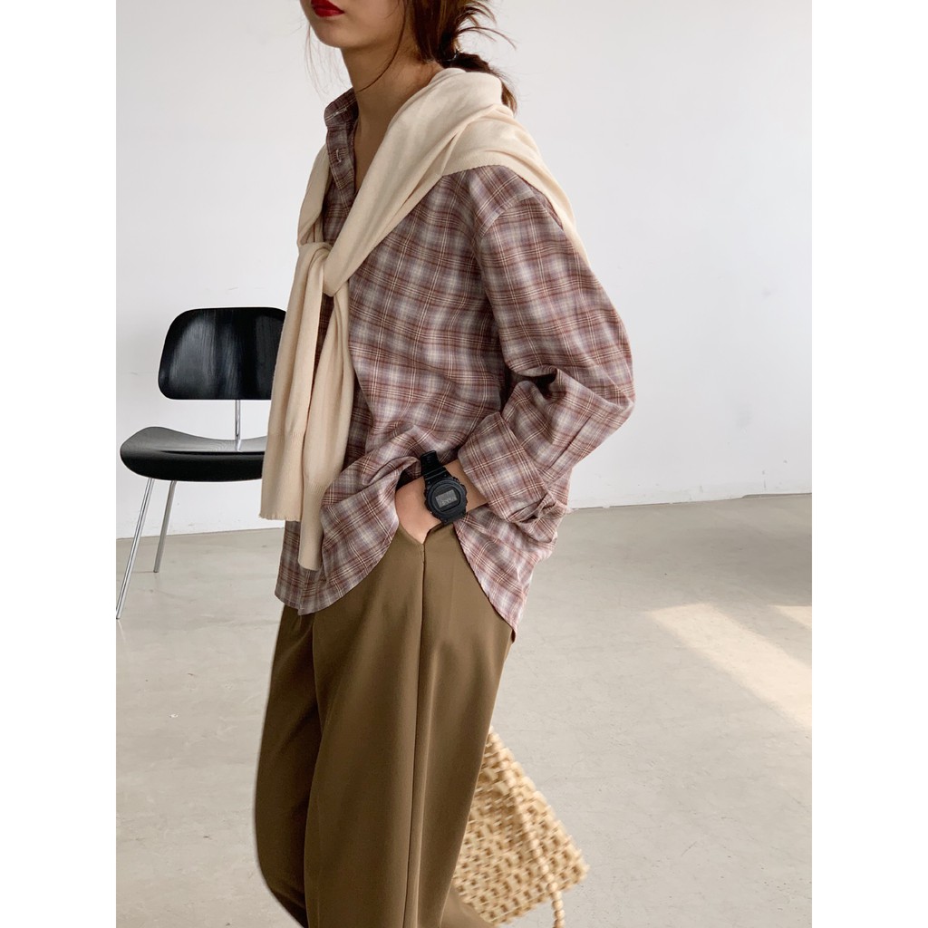 Áo Sơ Mi Nữ Dài Tay Form Rộng Retro Sơ Mi Nữ Sọc Caro tay dài thời trang cá tính