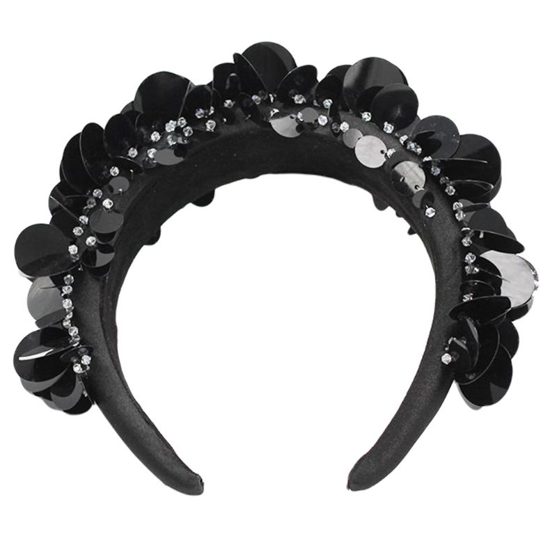 Flgo Băng Đô Có Đệm Xốp Tròn Màu Đen Đính Hạt Pha Lê Lấp Lánh Trang Sức Dự Tiệc Dành Cho Nữ