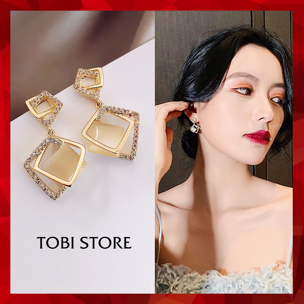 Khuyên tai nữ bông tai nữ dáng dài hình học đính đá sang trọng hoa tai cổ điển thanh lịch TB214 TOBI STORE