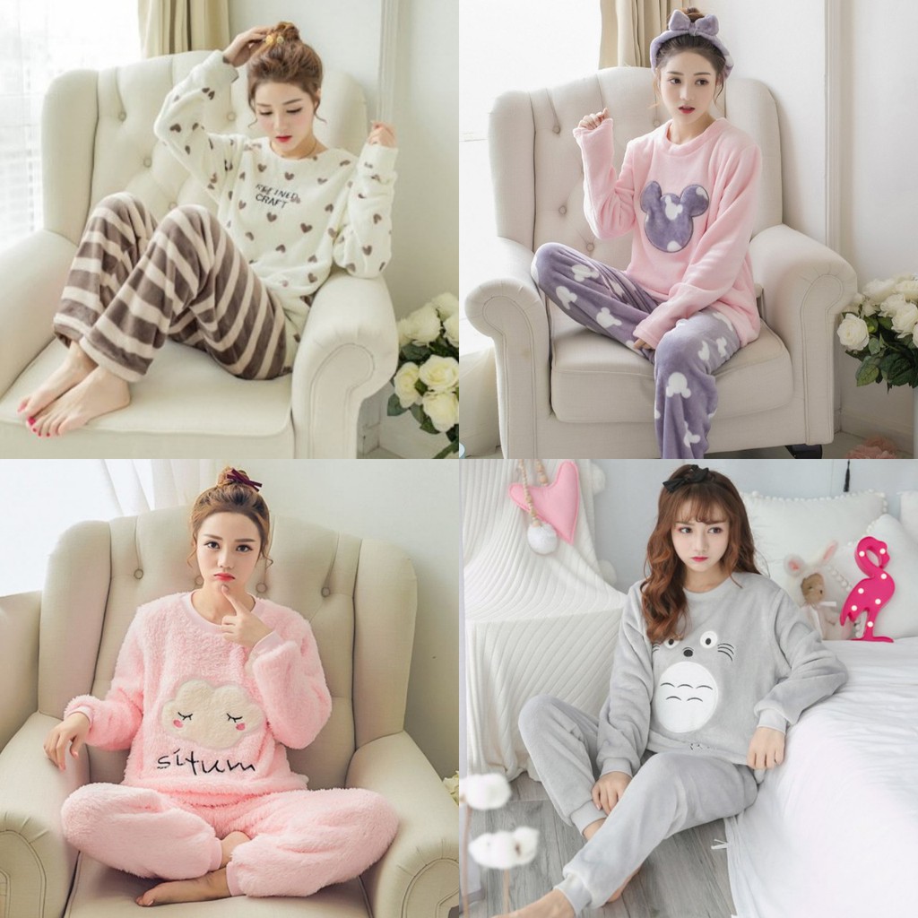 Bộ đồ ngủ nữ  bộ mặc nhà, pijama, quần áo ngủ dài tay thu đông xuân nhung bông, nỉ lông dễ thương, ấm á