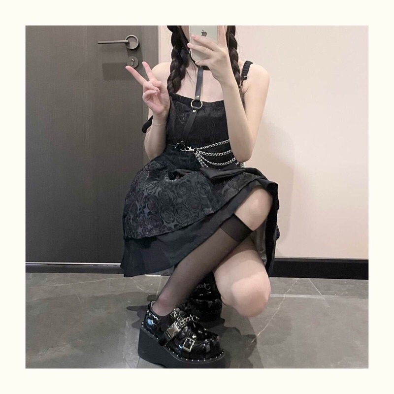 YAS0340-Set váy hoa hồng đen phong cách Trung Hoa cá tính