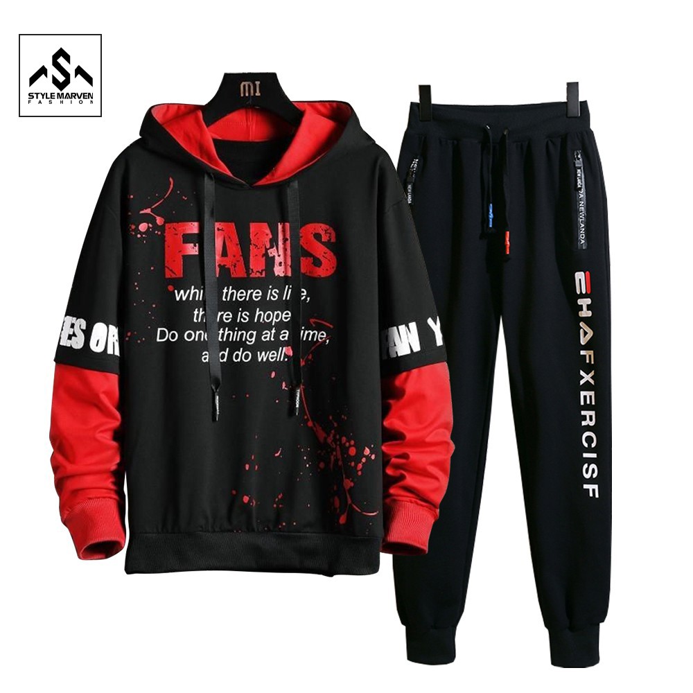 Bộ nỉ nam nữ thu đông STYLE MARVEN áo hoodie chữ FANS phối quần jogger GHEP TOP 175 + JOGGER 75