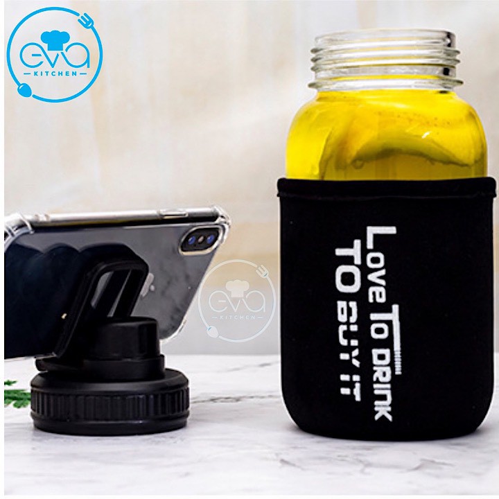 Bình Đựng Nước Thuỷ Tinh Nắp Bật Có Quai Cầm Love To Drink 700ml Tặng Kèm Vỏ Bọc Vải Neoprene