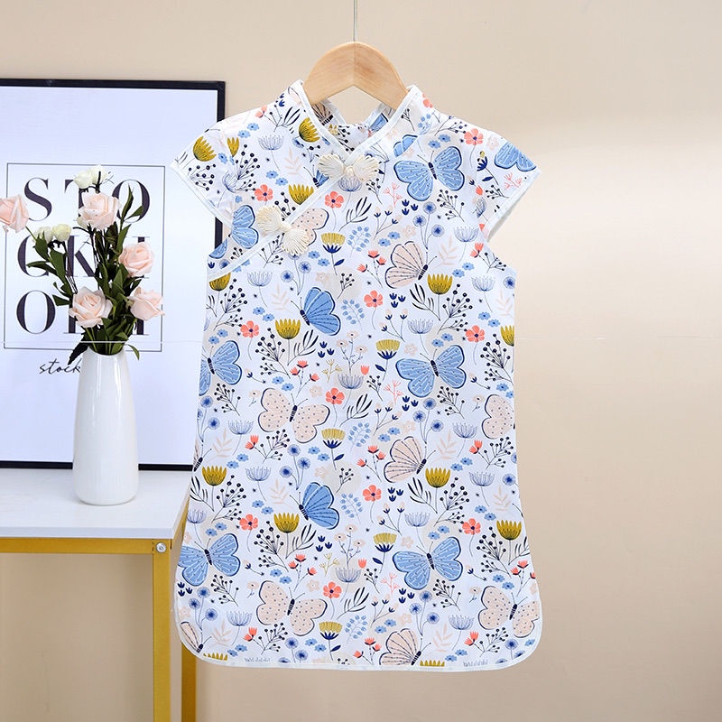 Đầm sườn xám in hoa phong cách Trung Hoa thời trang mùa hè 2021 cho bé gái