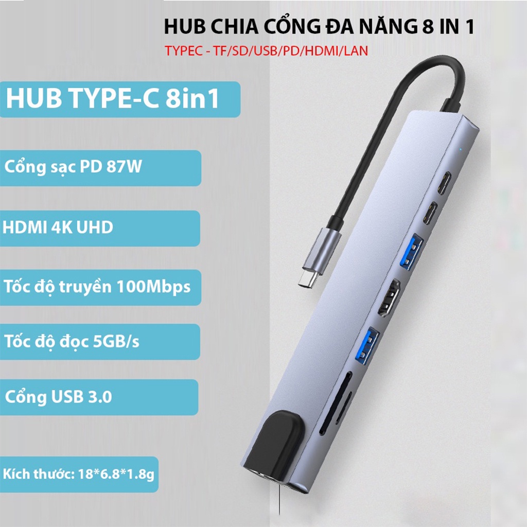 Hub Type C C8 đa năng 8 cổng, cổng LAN Gigabit RJ45 tốc độ truyền mạng 100Mbps - Hub chuyển đổi macboook C6 | BH 2 Năm