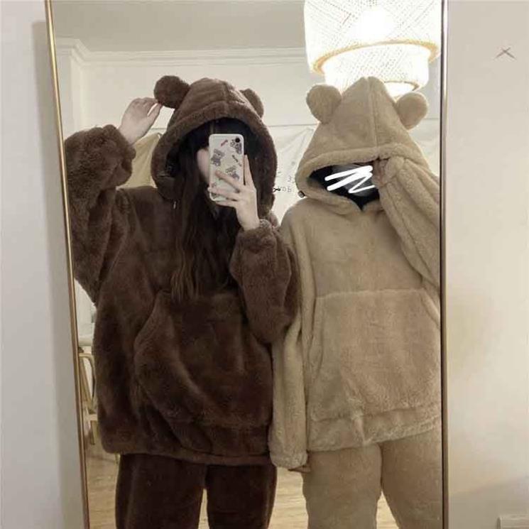 Bộ hoodie có mũ tai gấu cute 2 màu nâu , be siêu xinh chất lông dày dặn, ấm áp đồ ngủ mùa Đông mặc nhà