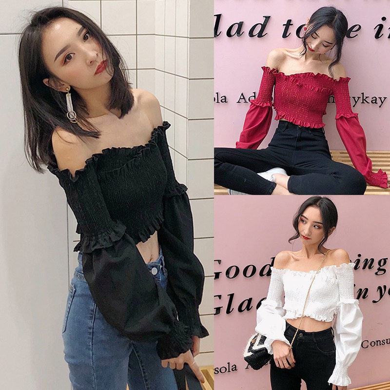 Áo Croptop Trễ Vai Tay Dài Phối Bèo Thiết Kế Quyến Rũ | BigBuy360 - bigbuy360.vn