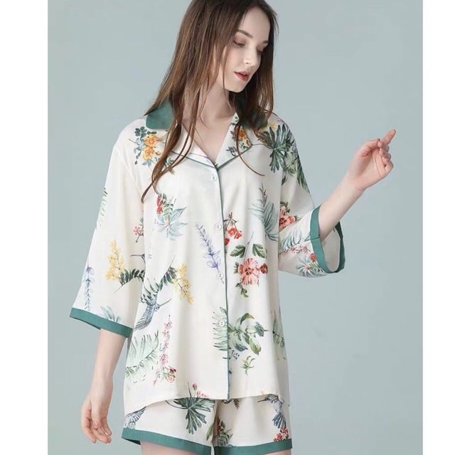 b774xk bộ ngủ pijama tay lỡ quần ngắn lụa cao cấp