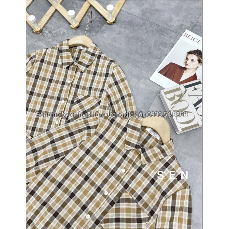 Áo sơ mi nữ dài tay kẻ sọc caro dáng xuông phối túi ngực thời trang Banamo Fashion 3915 | BigBuy360 - bigbuy360.vn