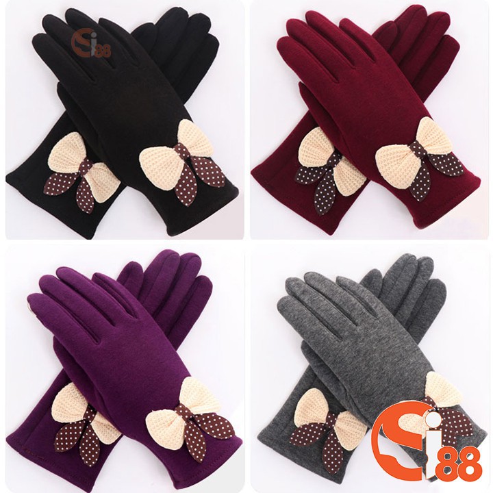 Găng Tay Nỉ Nơ Lót Lông Mùa Đông Cảm Ứng Chống Trượt Dễ Thương Hàn Quốc - Găng Tay Nữ có sẵn