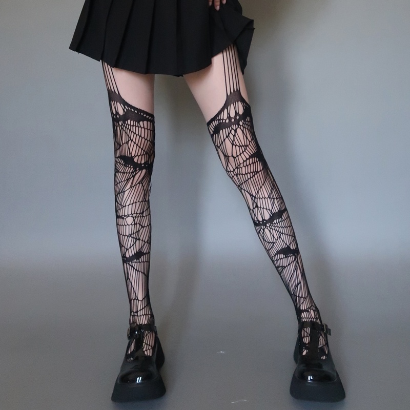 Gothic Spider Web Long Stockings Female Fishnet Socks Harajuku Bat Sling Sheer Pantyhose Tight Women for Dress Medias De Mujer