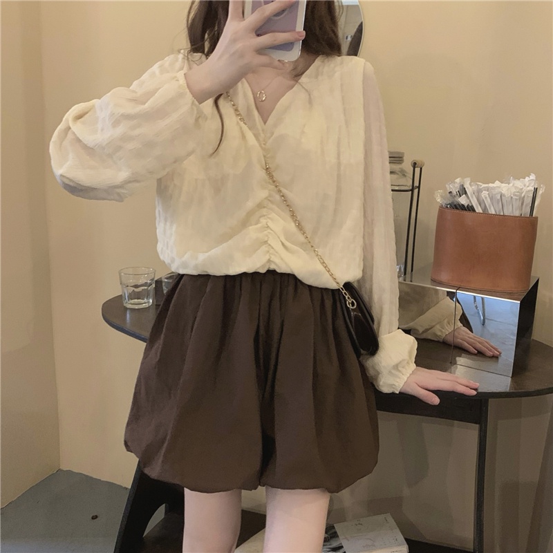 Set Áo Sơ Mi Tay Dài/Quần Short Lưng Cao Co Giãn Tốt Cổ Chữ V Xếp Ly 49437