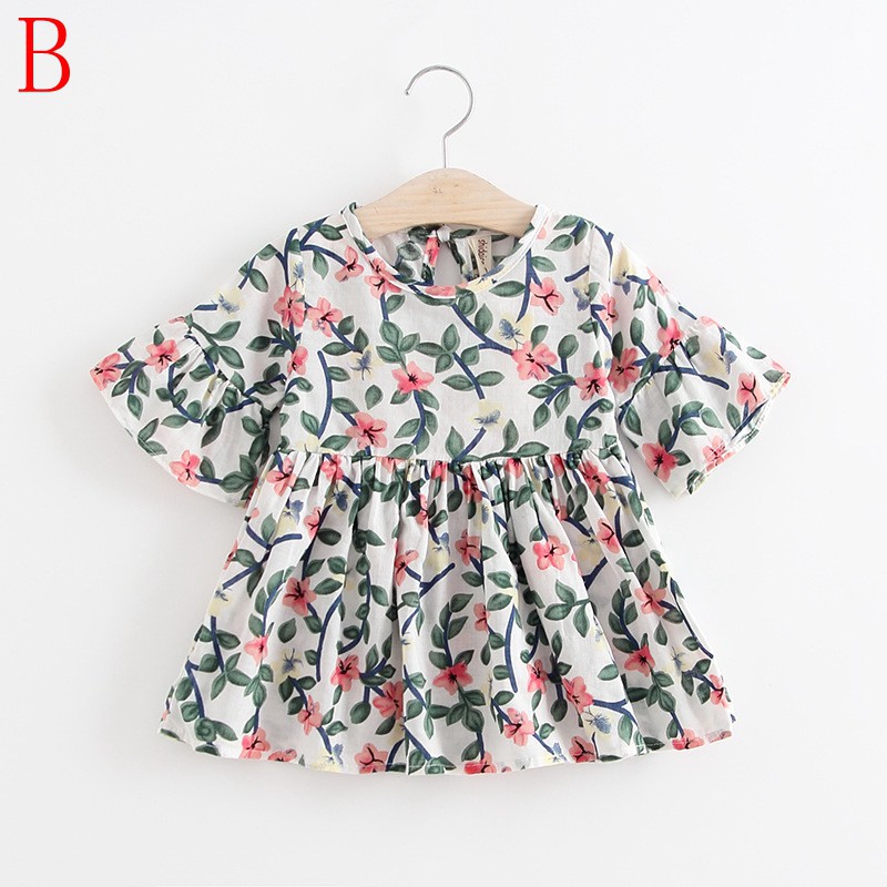 Đầm xòe cotton hoạ tiết hoa xinh xắn cho bé gái