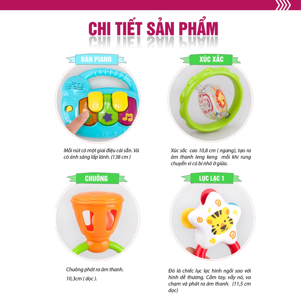 Set 4 món đồ chơi âm nhạc đàn piano mini kiêm xúc xắc lục lạc cầm tay Winfun - 3130 cho bé 3 tới 18 tháng