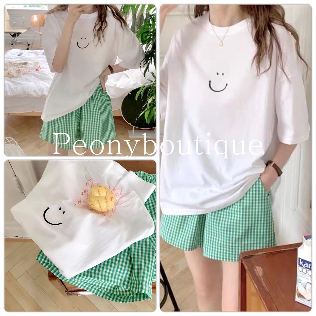 Set Mặt Cười Short Caro Xanh PEONYB Nữ [FREESHIP]  Bộ ngủ áo thun trắng smile quần sooc đùi kẻ form rộng Ulzzang