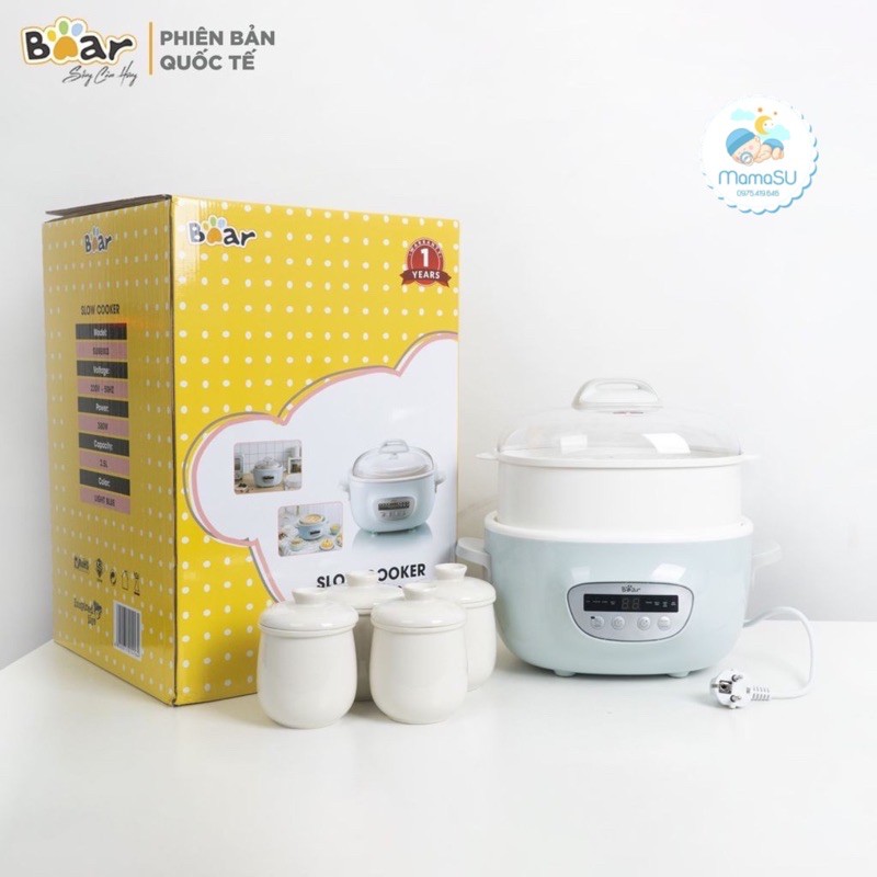 (BẢN QUỐC TẾ) Nồi nấu cháo ninh hầm Bear 2,5l kèm 4 thố 0,4l (Nấu và hấp cùng lúc)