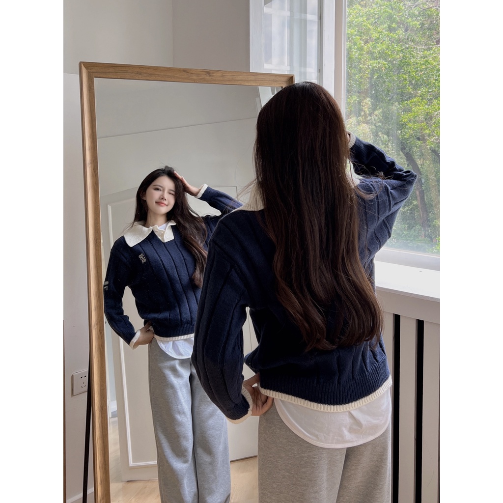 DUNEA Áo Sweater Dệt Kim Form Rộng Phối Màu Xinh Xắn Cho Nữ