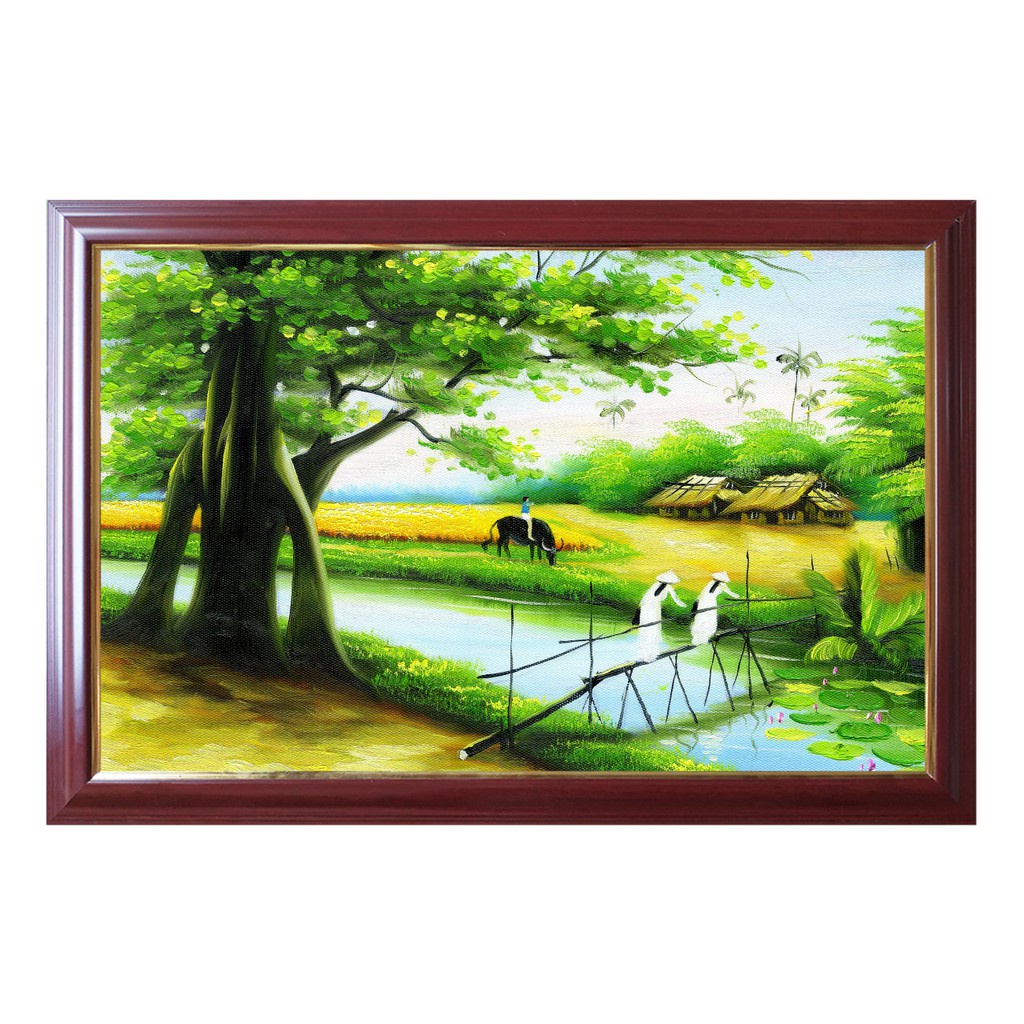 Tranh trang trí văn phòng, phòng khách, tranh đồng quê cây cầu khỉ, tranh phong cảnh con sông TDQ-40