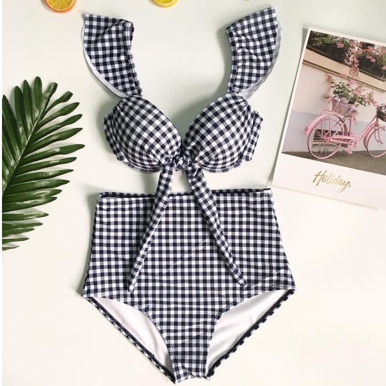 Bikini 2 Mảnh Cạp Cao Caro, Áo Tắm 2 Dây Cánh Tiên, Monokini savvy