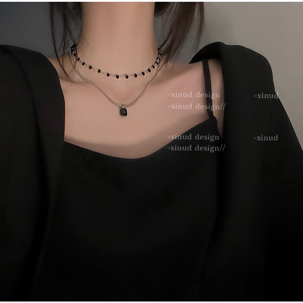 Vòng cổ Hai Lớp Đính Đá Kim Cương Đen Phong Cách ins Sang Trọng