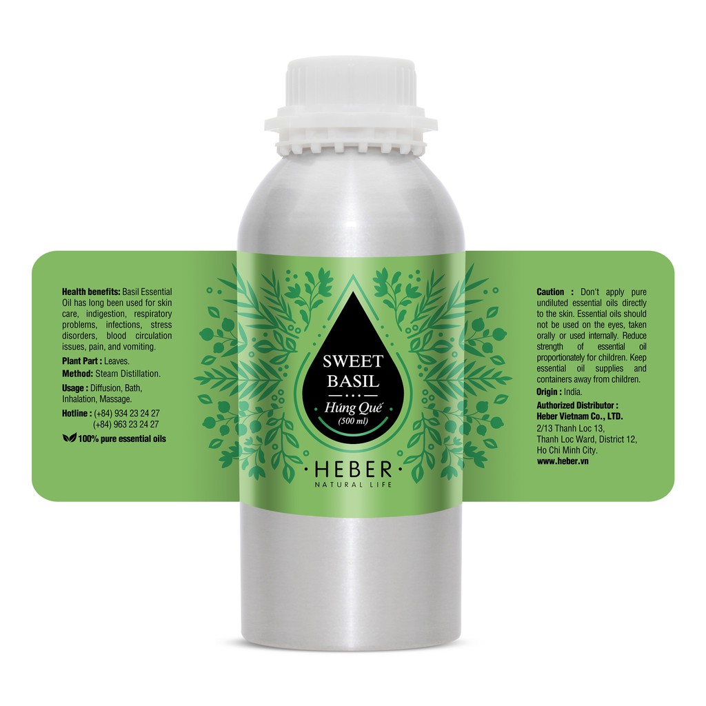 (Chai Lớn 500ml/1000ml)Tinh Dầu Húng Quế Sweet Basil Heber Natural Life, Cao Cấp Nhập Khẩu, Thiên Nhiên Nguyên Chất
