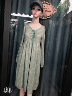 Đầm voan tay dài họa tiết vintage combo