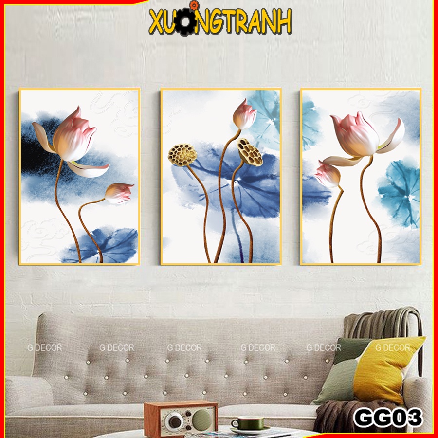 Tranh treo tường canvas 3 bức phong cách Bắc Âu 03, tranh hoa sen trang trí phòng khách, phòng ngủ, phòng ăn, phòng thờ