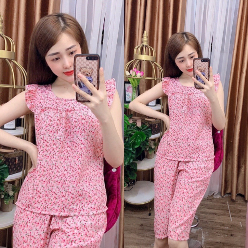 Đồ bộ mặc nhà nữ quần lửng, Bộ ngủ nữ lụa loại 1 họa tiết hoa nhí Giao hoa ngẫu nhiên ảnh video thật LUA16 ảnh thật