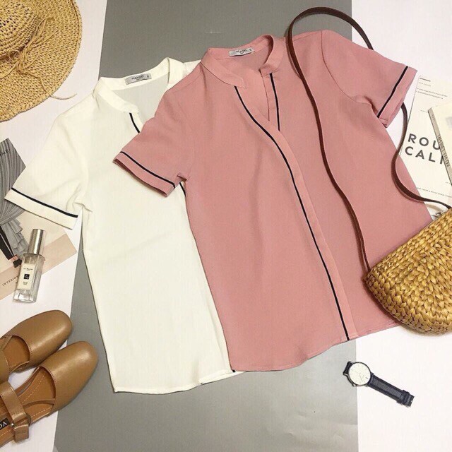 Áo sơ mi công sở nữ lụa viền cổ ba màu trắng, hồng, đen chất lụa mềm mát | BigBuy360 - bigbuy360.vn