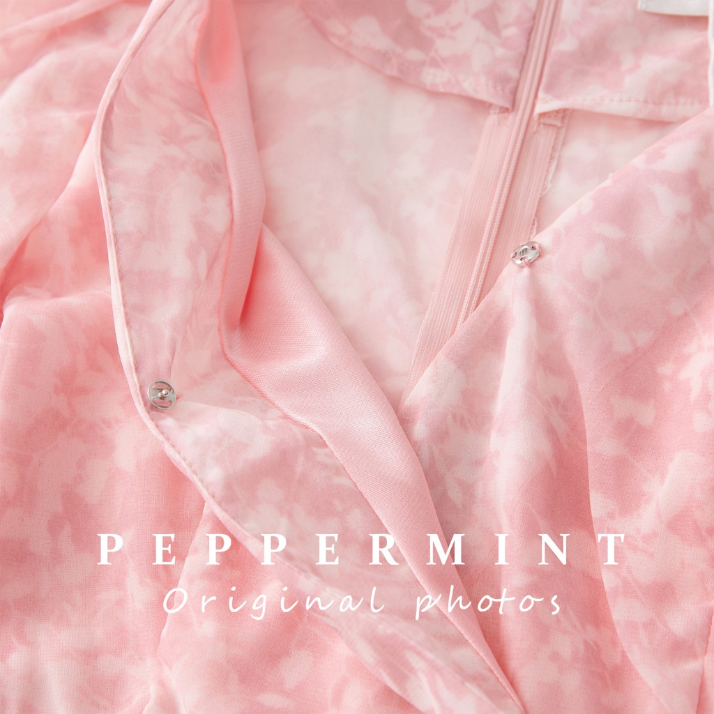 Đầm peppermint 44225 vải voan hoa dài cổ chữ V nhấn eo phong cách Hàn Quốc