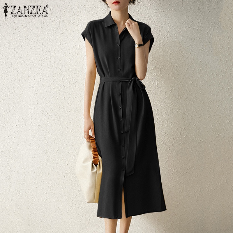 Đầm ZANZEA tay ngắn cổ bẻ xẻ tà thời trang dành cho nữ