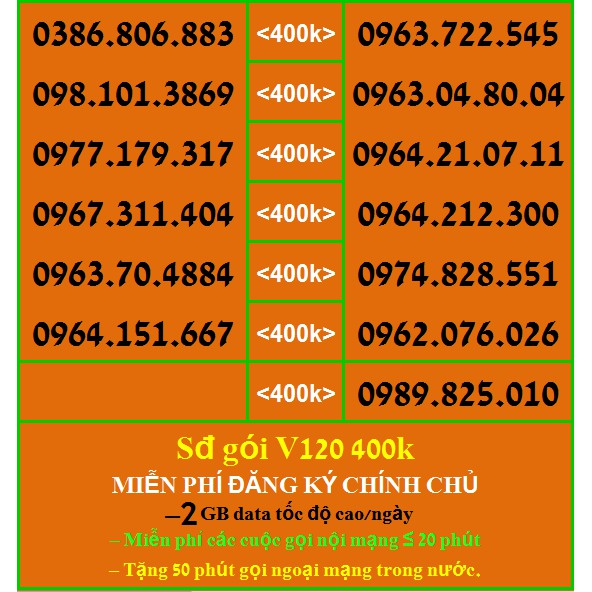 Sim Đẹp Viettel GIÁ 400k GÓI khủng V120 Miễn phí GỌI + Data tốc độ cao HỖ TRỢ ĐĂNG KÝ CHÍNH CHỦ ( xem chi tiết Sp)