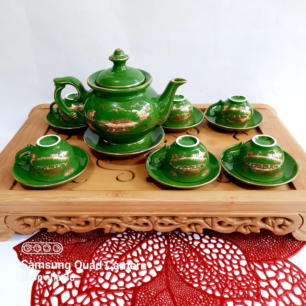 Bộ ấm chén Bát Tràng phú quý men xanh lục ngọc bảo họa tiết làng quê  vẽ vàng 24k