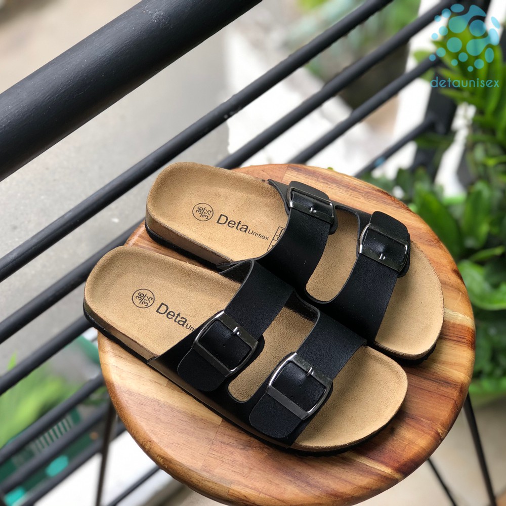 [CỰC RẺ] DÉP ĐẾ TRẤU NAM NỮ 2 QUAI BIRKEN UNISEX DA PU MÀU ĐEN - DETA21D