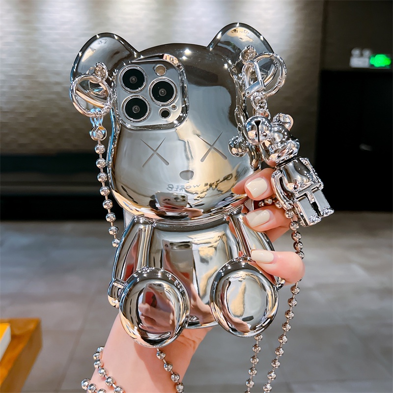 Ốp Điện Thoại Mạ Bạc Hình Gấu 3D Sang Trọng Có Dây Đeo Cho IPhone 13 Pro Max 14 Plus 11 11 12 Pro Max