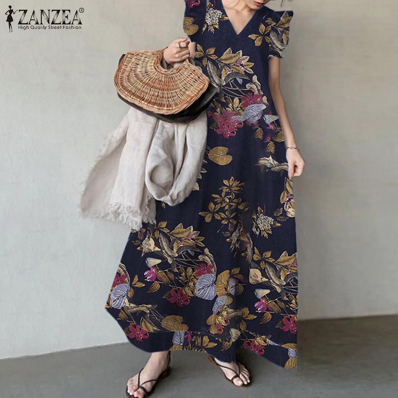 Đầm dài ZANZEA cổ chữ V tay ngắn phong cách retro thời trang cho nữ