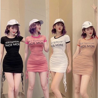 Đầm body viền màu nhún rút dây 2 bên in chữ ngục cực xinh , chất thun bozip mềm mịn