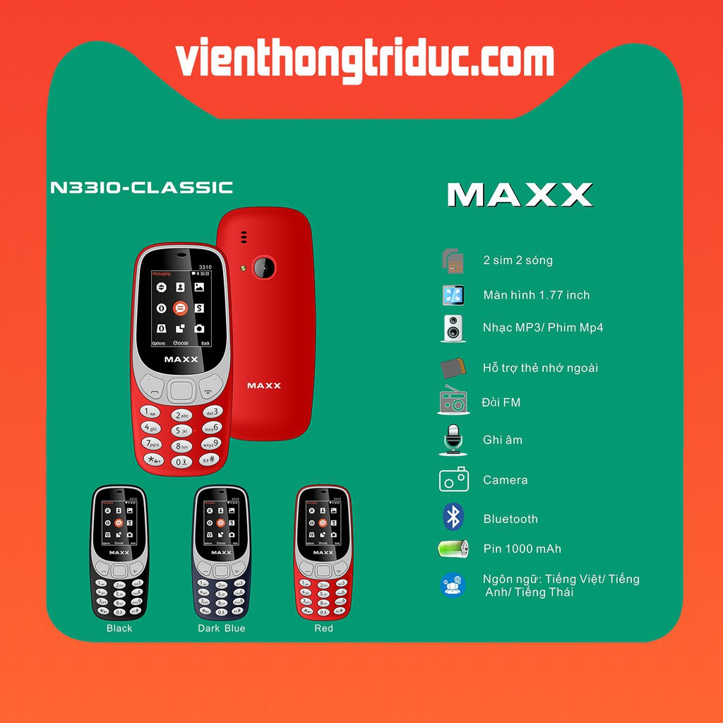 Điện Thoại MAXX N3310 2 Sim - Thiết Kế Độc Đáo Và Đẹp Mắt -FM Không Cần Tai Nghe-Nghe Nhạc-Đầy Đủ Tính Năng