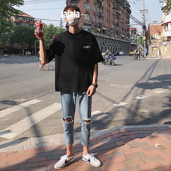 Áo Thun 100% Cotton Tay Lỡ Dáng Rộng Phong Cách Thời Trang Hàn Quốc Cho Nam Giới