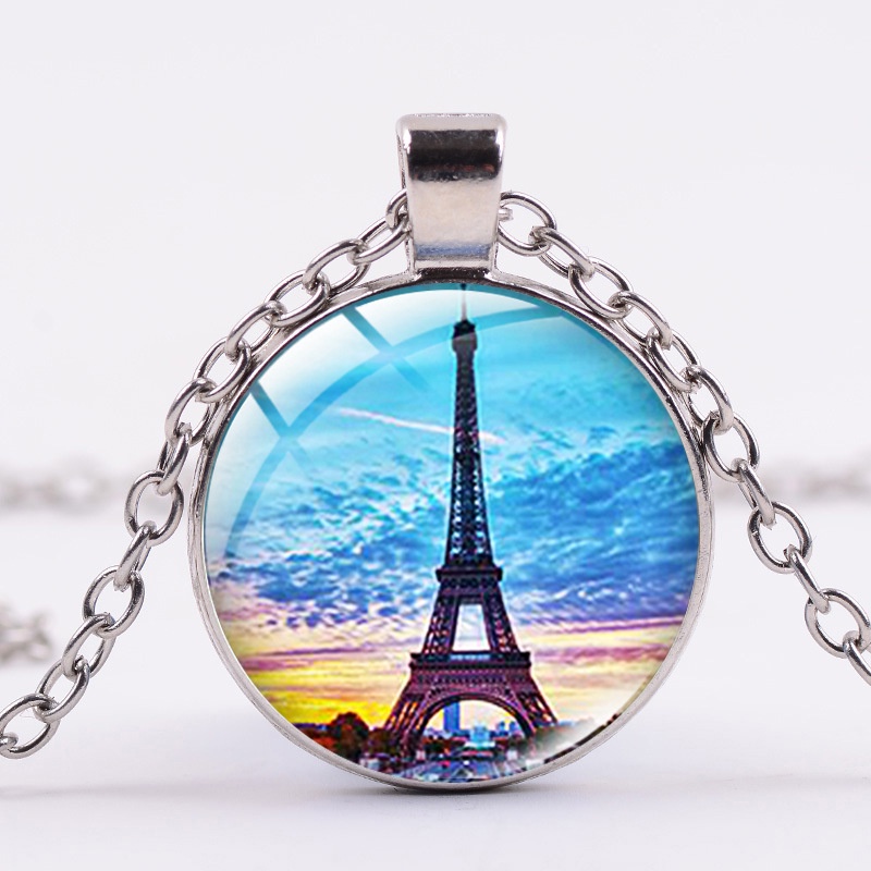 Hot selling Eiffel Tower time gem necklace alloy glass pendant fashion jewelry sweater chain batch