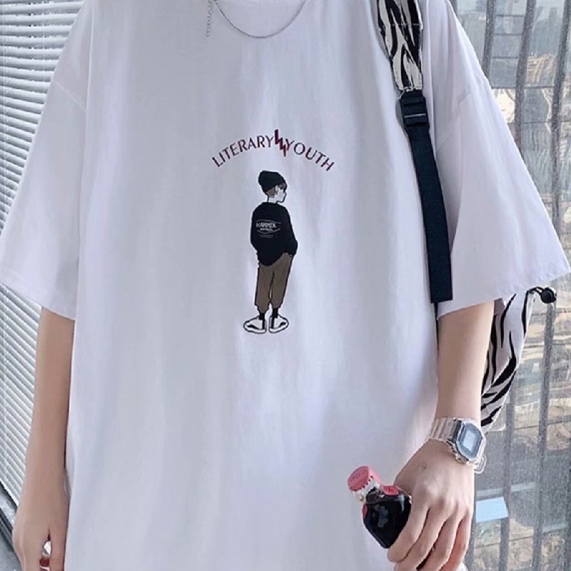 Áo thun tay ngắn cổ tròn dáng rộng in họa tiết hoạt hình phong cách đường phố Hàn Quốc cho nam