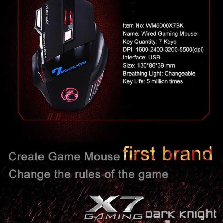 Chuột Gaming Imice X7 – Chính hãng – Knight of Darkness – Hiệp sĩ bóng đêm – Led đổi màu – Độ nhạy 3200 DPI