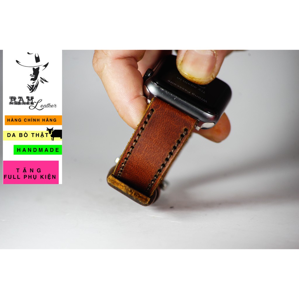 Dây apple watch da bò nâu mận handmade bền chắc cực đẹp RAM Leather classic 1981 - tặng khóa chốt và adapter
