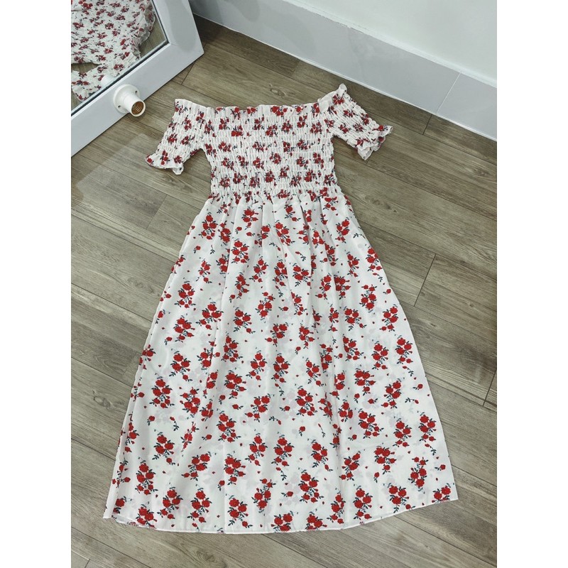 đầm trễ vai hoa nhí may nhún xoè bồng kx