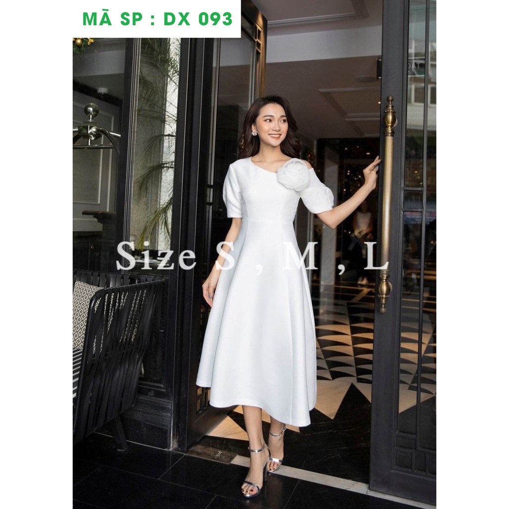 Đầm xòe lệch vai đính hoa tay con xinh xắn thoitranghd