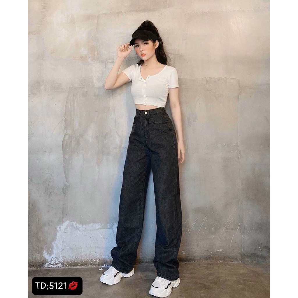 Quần Jean Nữ  MunMunStore Simple Jeans Lưng Cao Dáng Suông Ống Rộng Ulzzang ( Màu đen muối tiêu )8730