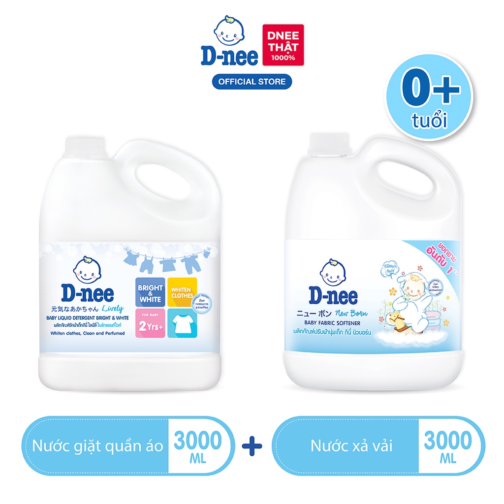 Nước giặt quần áo D-nee Lively 3000 ML - Bright & White + Nước xả vải D-nee 2800 ML. - Cotton Soft