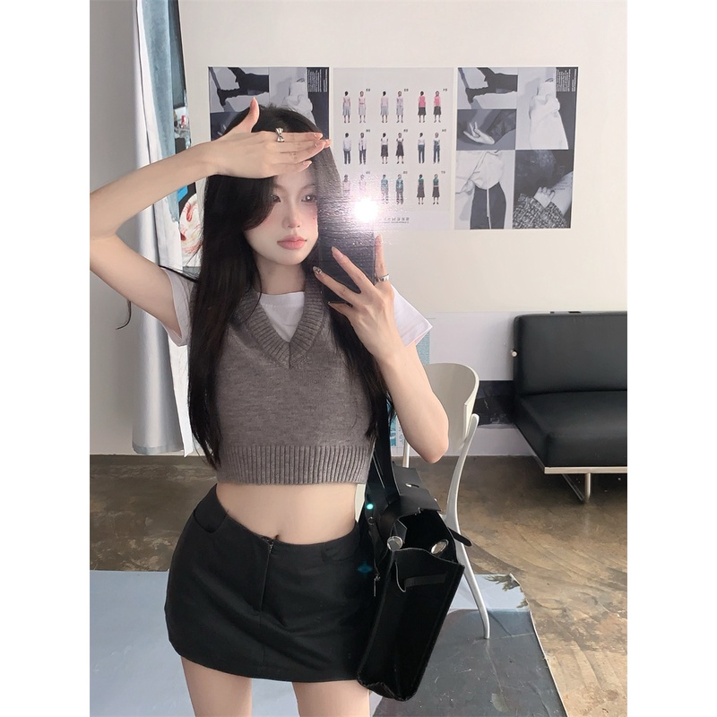 Xiaozhainv Áo crop top Dệt Kim Cổ Chữ V Phong Cách Hàn Quốc Có 3 Màu Lựa Chọn | BigBuy360 - bigbuy360.vn